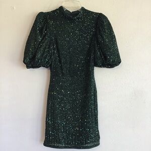 NWT- Camila Coelho Women Elegant Green Sequin Puff Sleeves Event Mini Dress XS